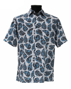 Bassiri Short Sleeve Camp Shirt - Black & Blue Fancy Paisley Design